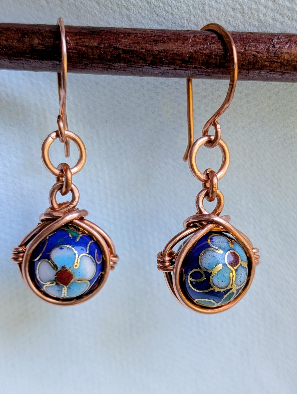 Copper Wrapped Cloisonne Earrings- Colorful Flower Blossom Details - Picture 9 of 12